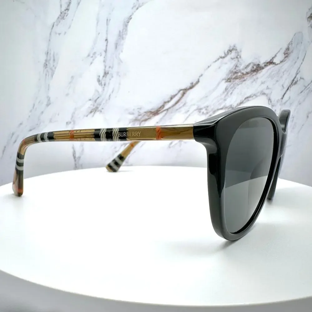 New Burberry Sunglasses Black Front Round Pantos Frame Checkered Arms Gray Lens
